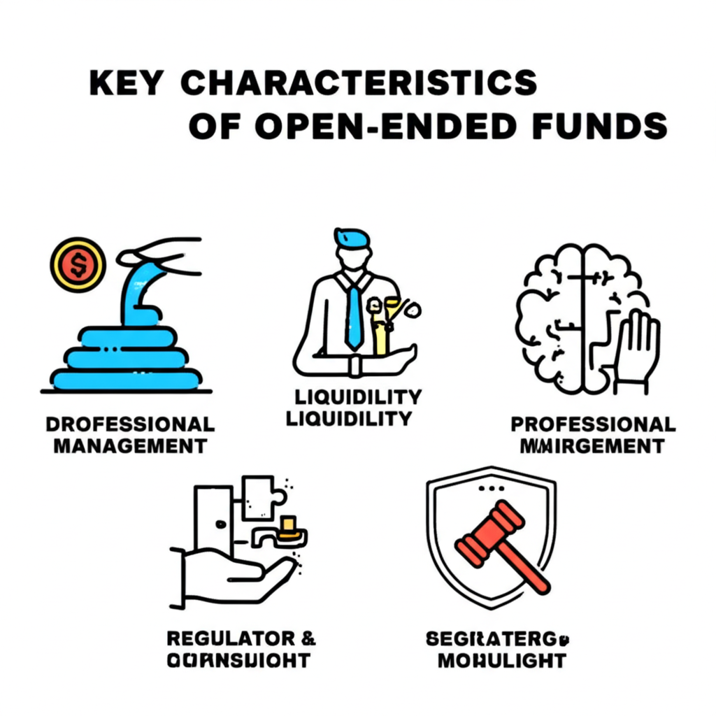 開放型基金五大關鍵特性的插圖,強調其獨特運作機制吸引投資人