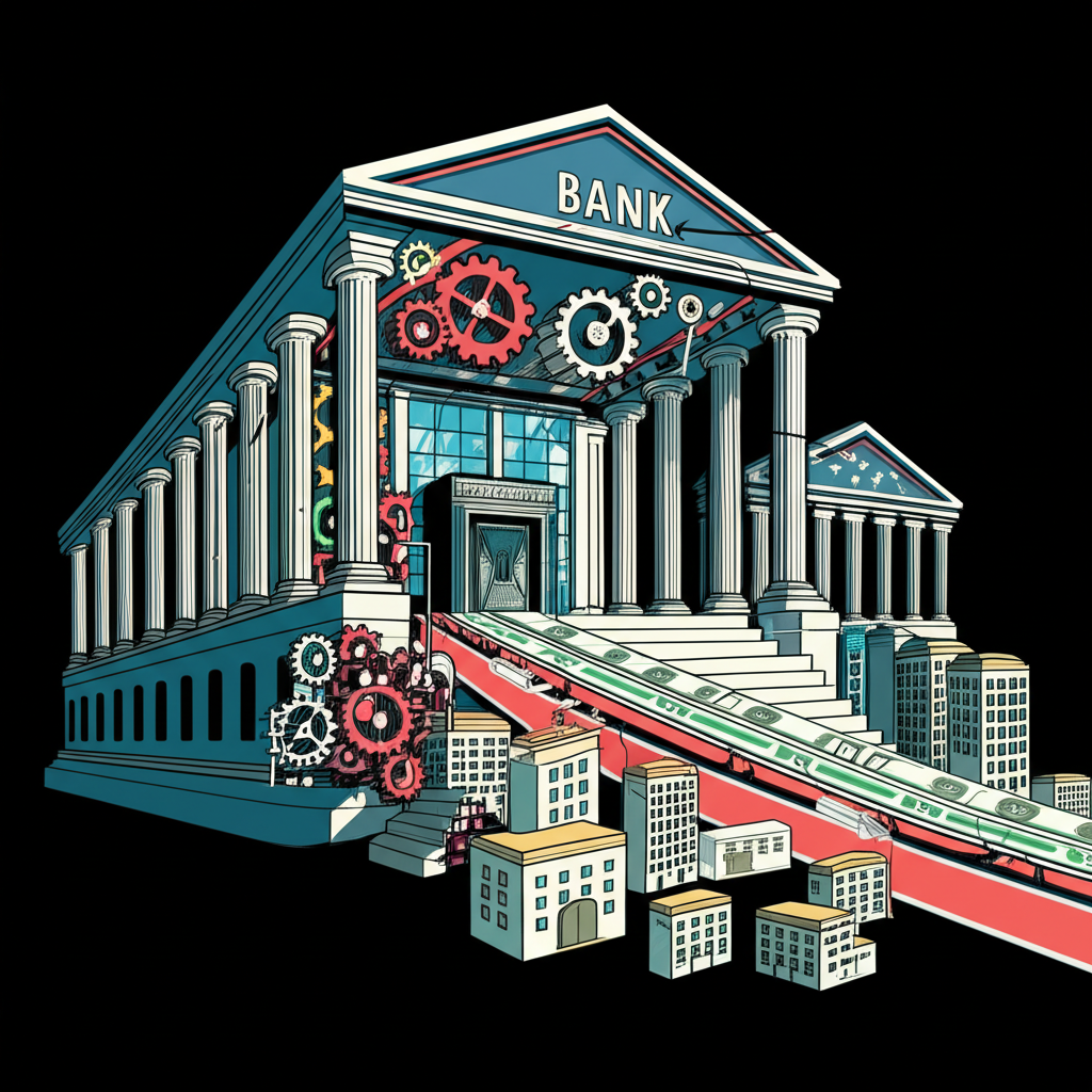 中央銀行建築物配以齒輪和槓桿,代表公開市場操作與準備金比率等貨幣政策工具,直接影響M0貨幣流向經濟