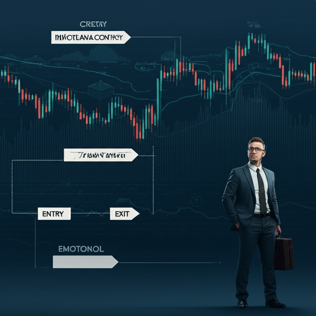 交易策略如詳細路線圖,標示進場出場、風險管理和情緒控制,引導交易者穿越波動市場