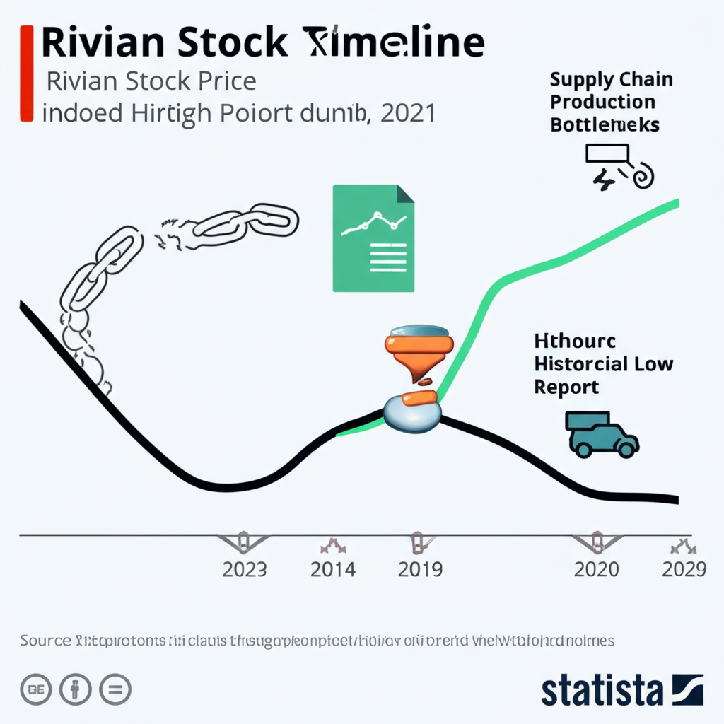 Timeline of Rivian stock price from IPO peak to low with icons for supply chain and production issues