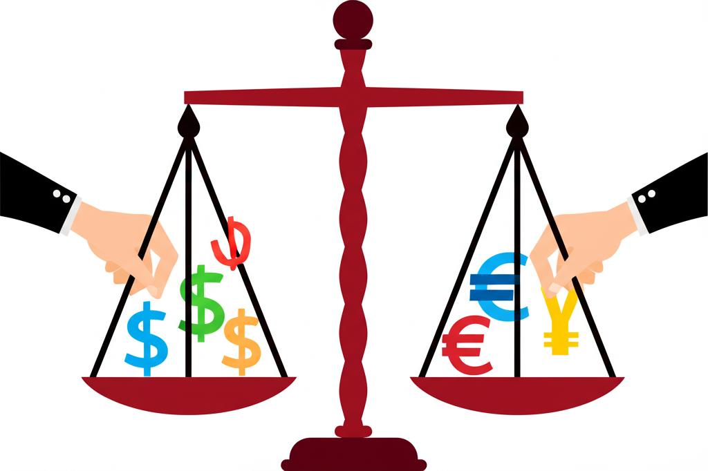 市場供需力量如推拉貨幣符號的天平決定浮動匯率制的插圖