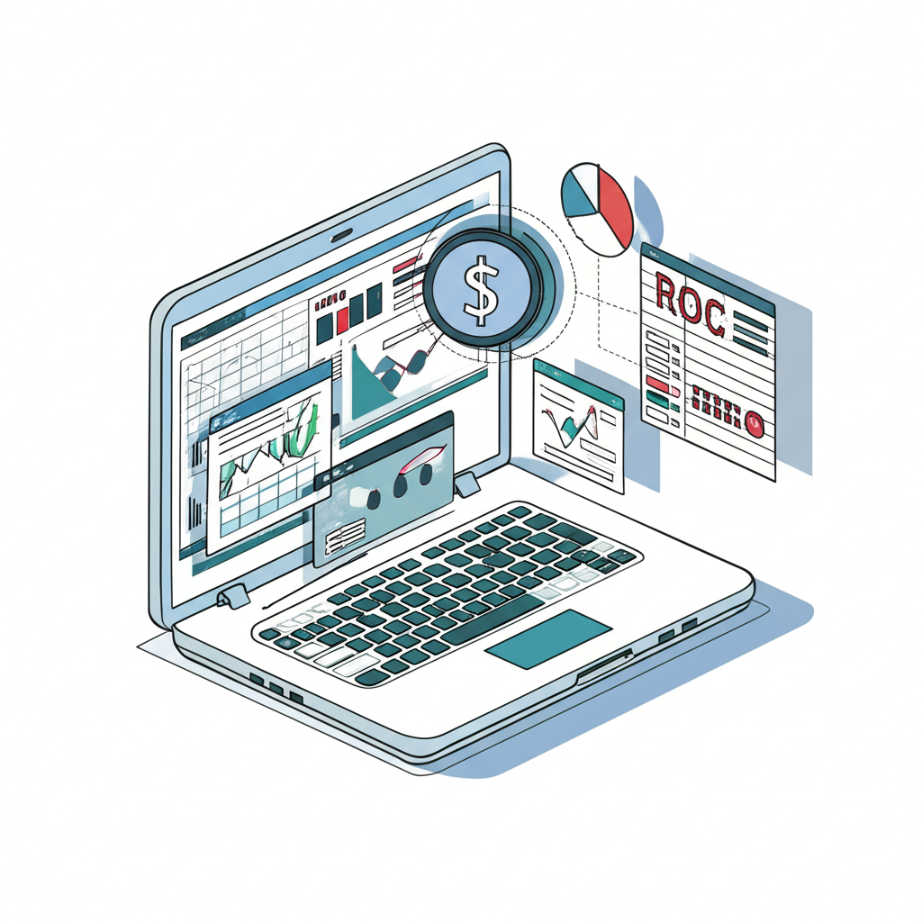 一位學習者使用筆電查看Excel試算表和變動率指標圖表,象徵投資者全面指南