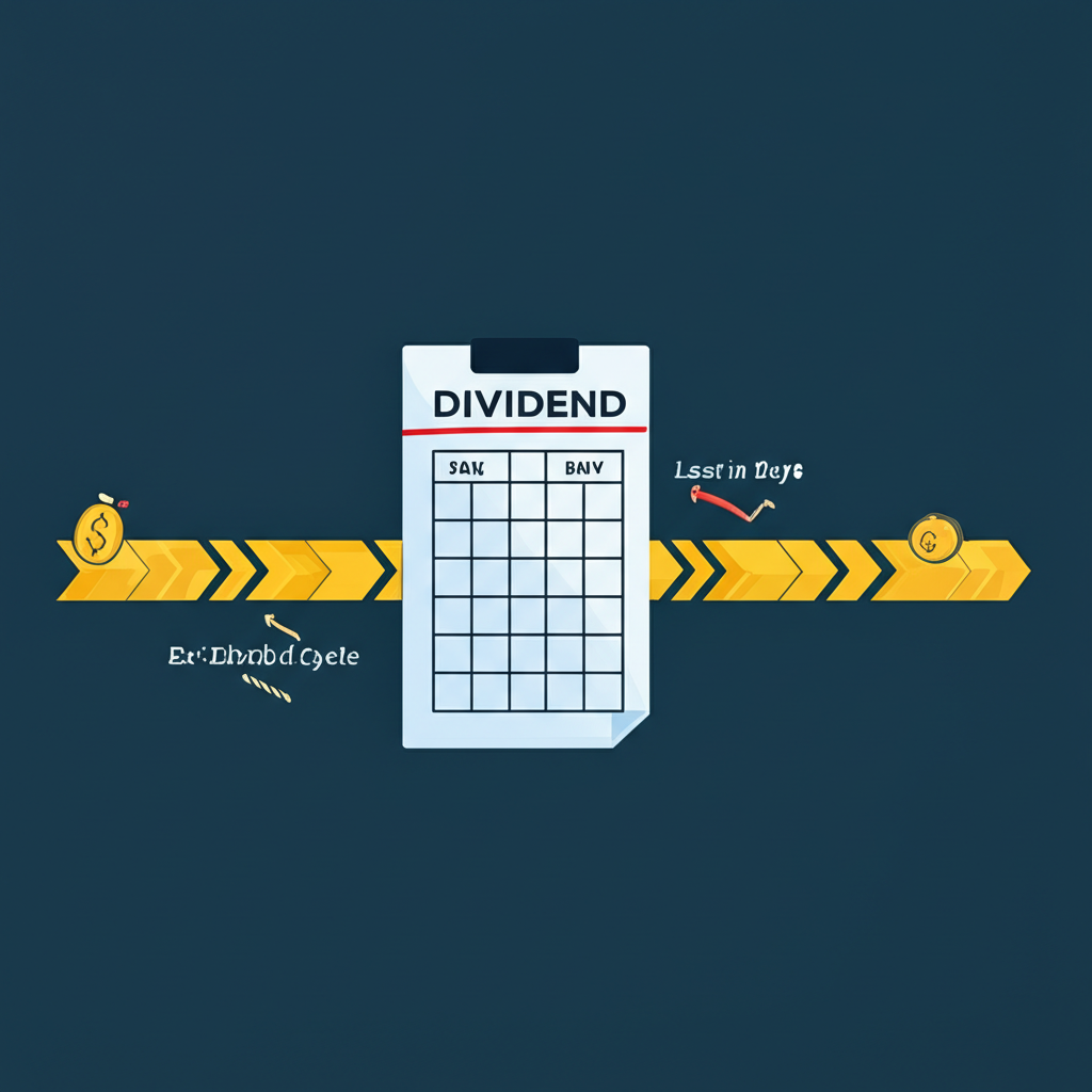 財務時間軸插圖,突出標註最後買進日作為投資人初始關鍵步驟的除息週期