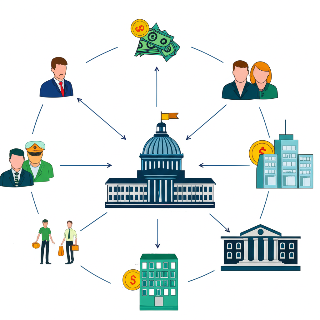 廣義融資概念的金融生態系統插圖,顯示個人、企業與政府間資金與資源交換