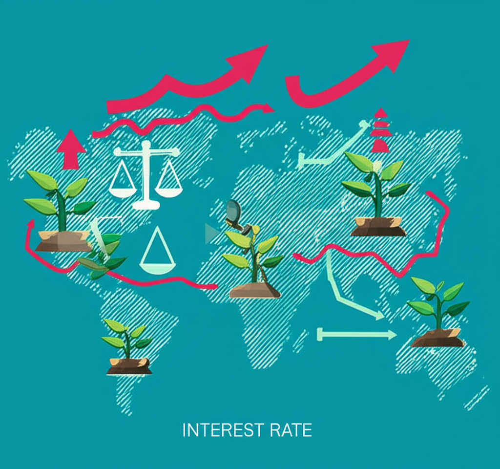 利率圖表、通膨箭頭、貿易平衡天平和成長植物等經濟因素影響世界地圖上貨幣流動的插圖