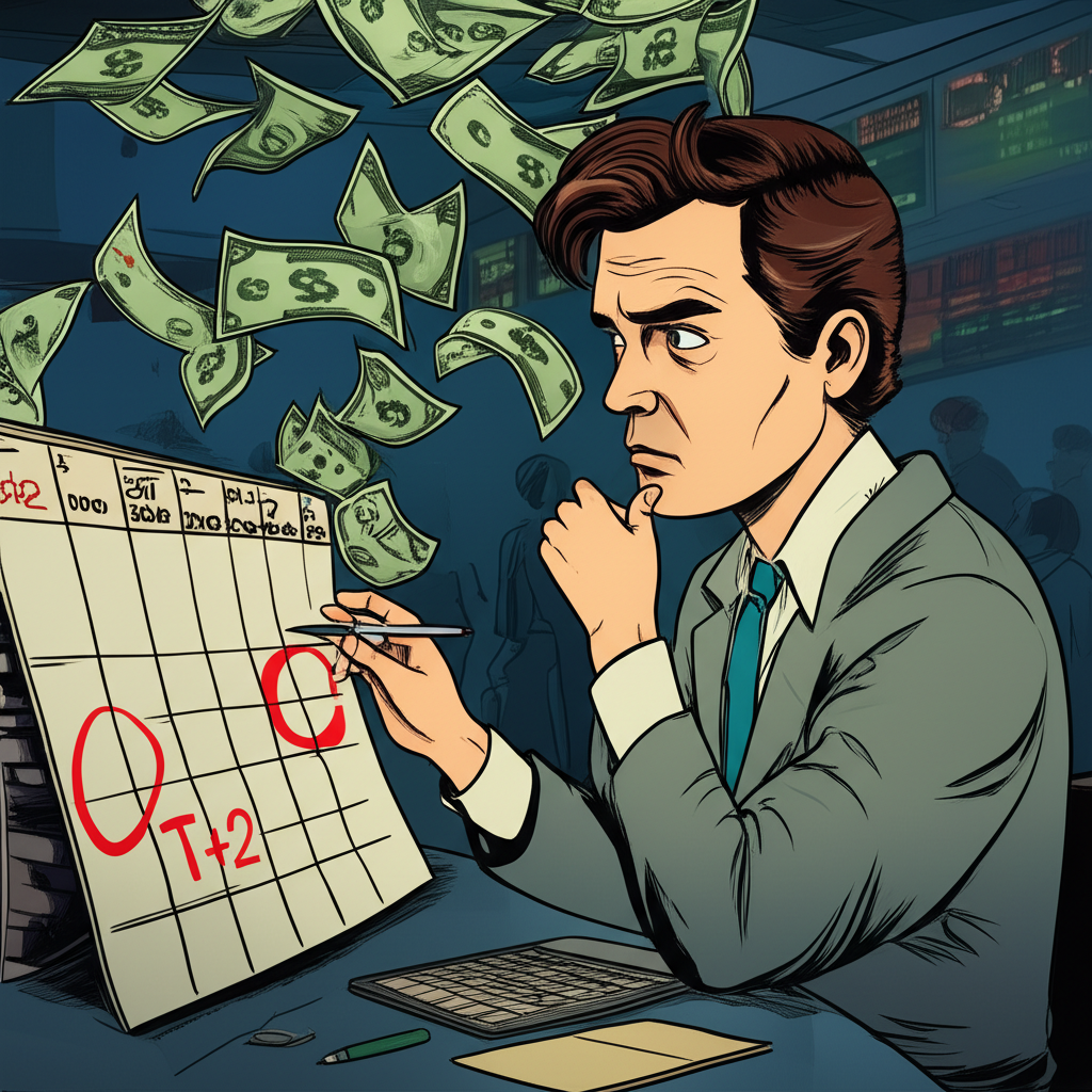 投資人壓力大盯著T+2交割日曆,錢幣飛走象徵股票交割未完成