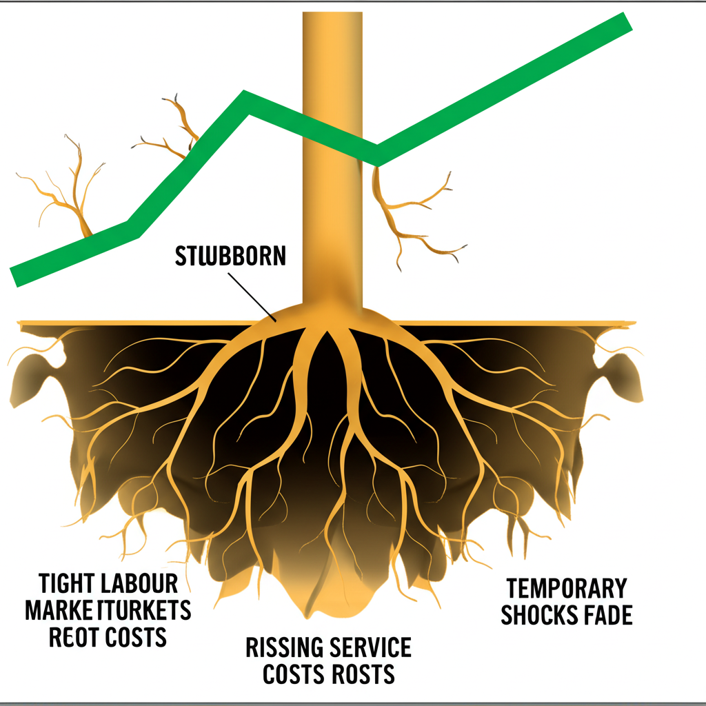 黏性通膨結構性根源插圖，緊俏勞動市場與服務成本上升如深根支撐頑固價格圖，暫時衝擊消退