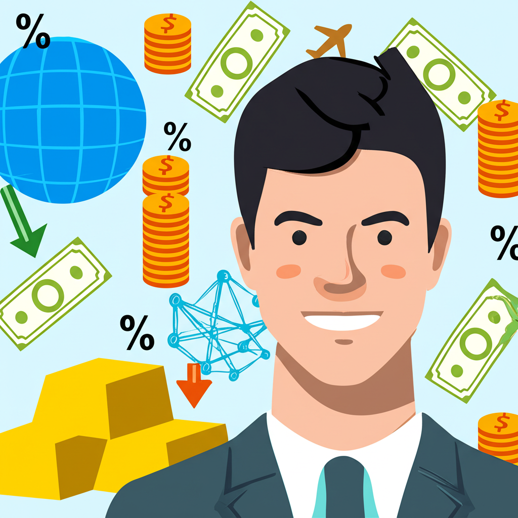 微笑企業主管周圍環繞金錢與全球符號的插圖，象徵稅務節省與國際擴張