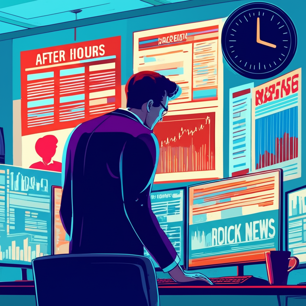 股票市場插圖,顯示盤後交易活動的時鐘,投資者注視螢幕上的新聞標題和股票圖表,營造機會與不確定氛圍