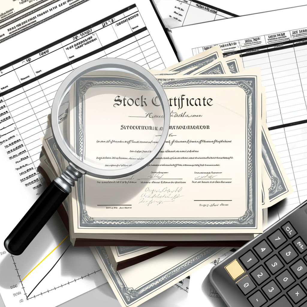 放大鏡檢視一疊股票憑證,周圍環繞各種財務文件,象徵對價值與流動性進行的深入分析插圖