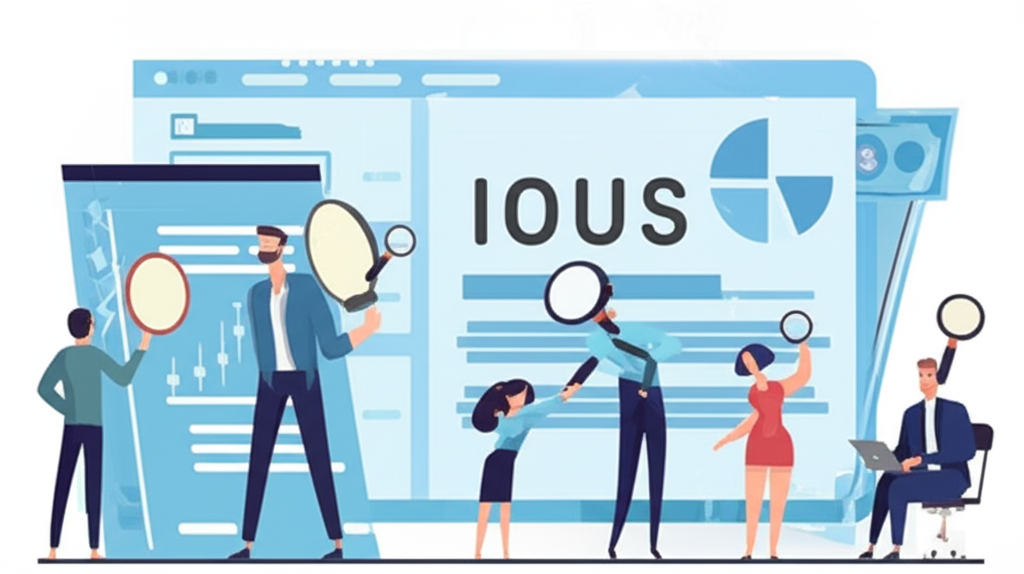 股票市場交易插圖,投資人使用放大鏡查看圖表,並暗示向券商借錢的槓桿元素