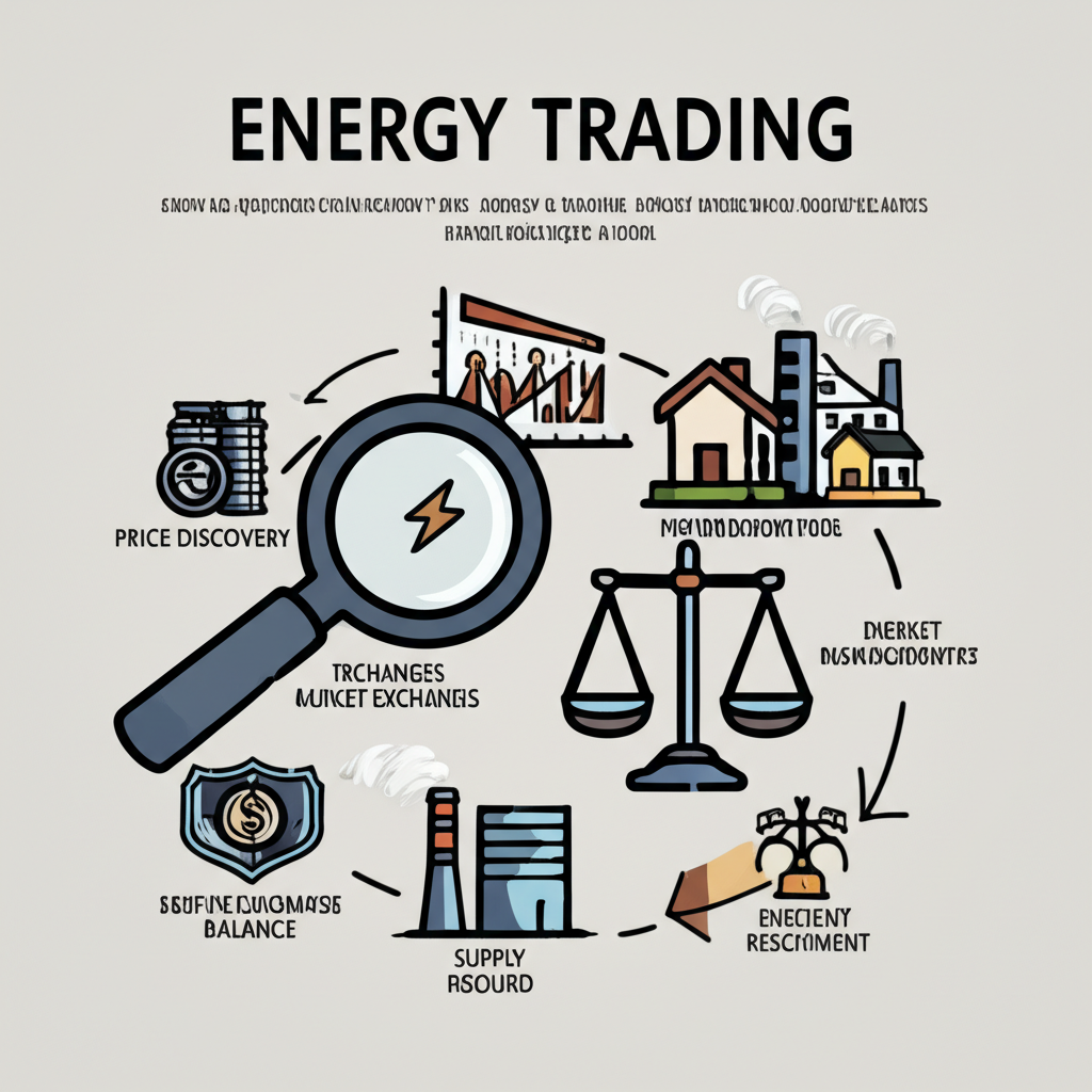 能源交易重要性圖示,包含市場交易所的價格發現圖標、金融工具的風險管理、供需平衡及資源配置導向投資