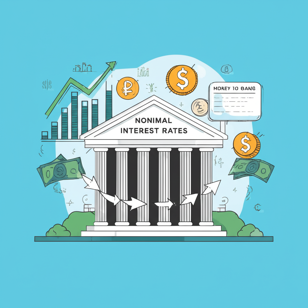 銀行建築顯示名目利率,資金進出象徵儲蓄與貸款