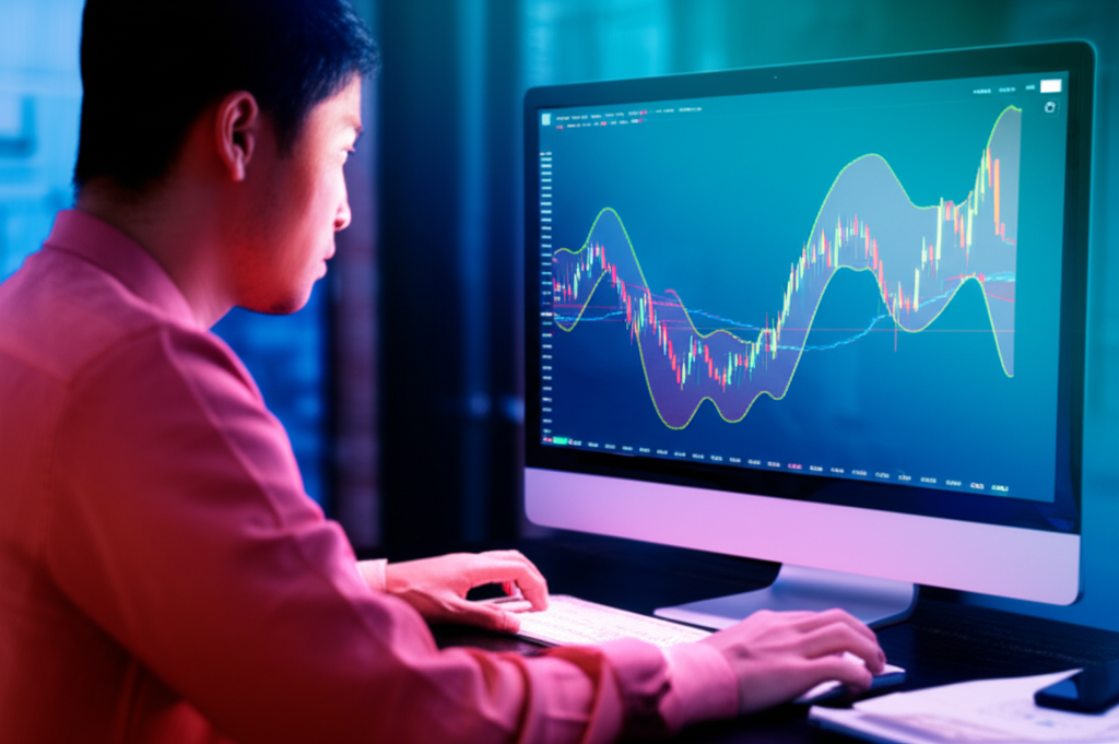 投資者分析布林通道股價圖表,展示市場趨勢與決策過程