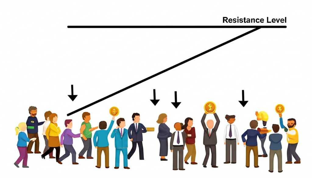 資產價格上升觸及阻力位,下方投資者群像顯示賣壓與獲利了結,反映供需動態