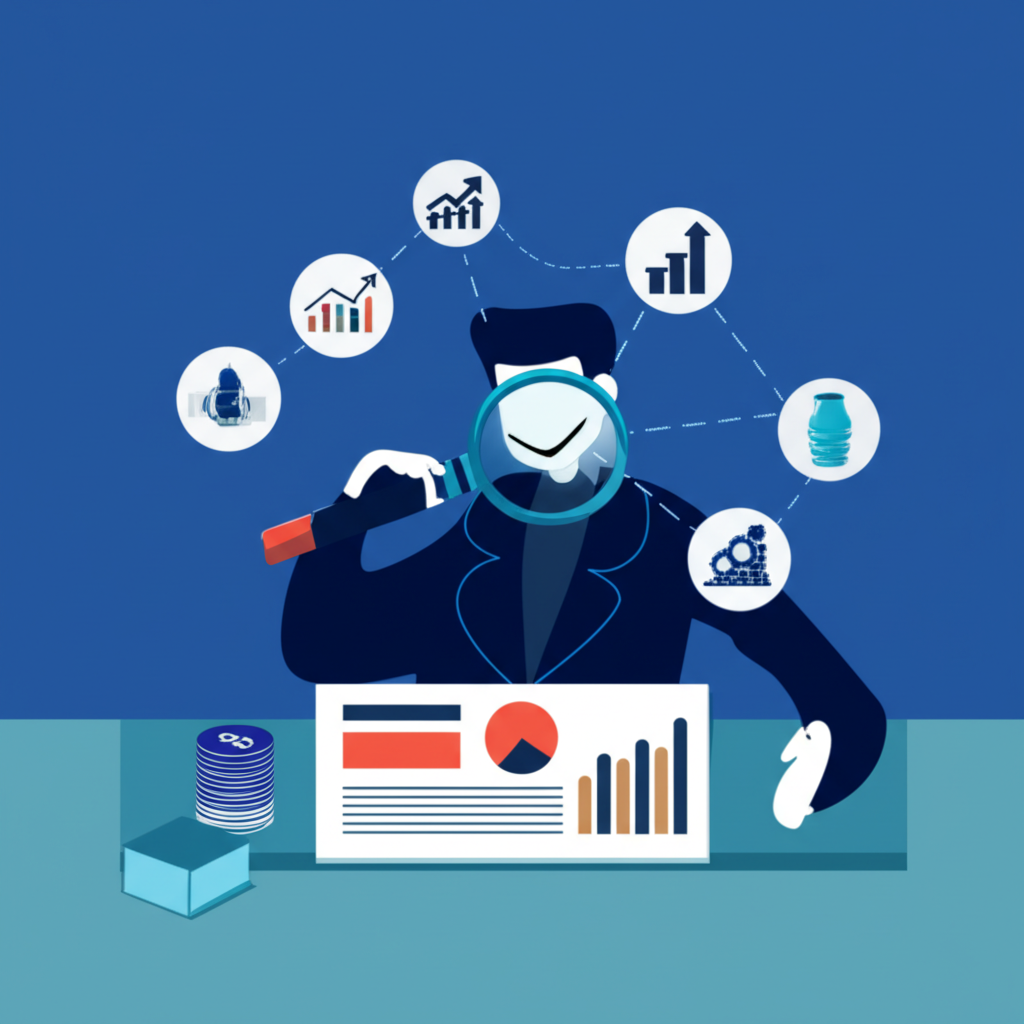 企業領導者透過利潤報告制定決策，環繞成長與投資圖示