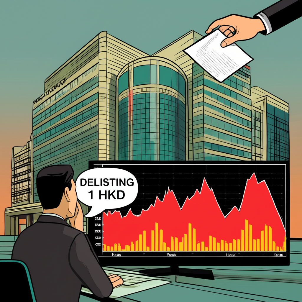 香港交易所大樓旁低於1港元股價圖表,擔憂的投資者觀望,HKEX之手啟動除牌程序,顯示公司經營持續性疑慮