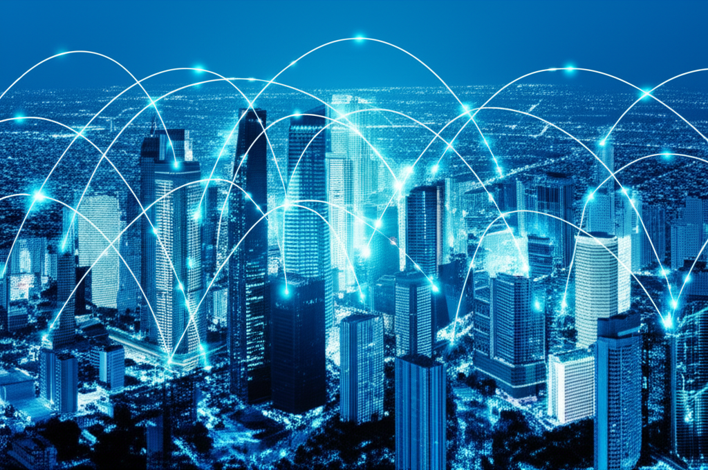 現代城市景觀中數字線連接建築物的插圖,代表數據流動與企業在動態全球經濟中的轉型
