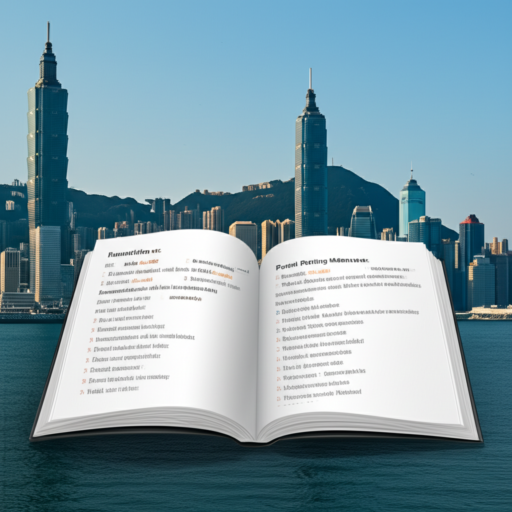 一本打開的書或平板顯示基金評等定義與方法,背景是台灣和香港天際線,代表為投資者提供全面指引以提升成功率