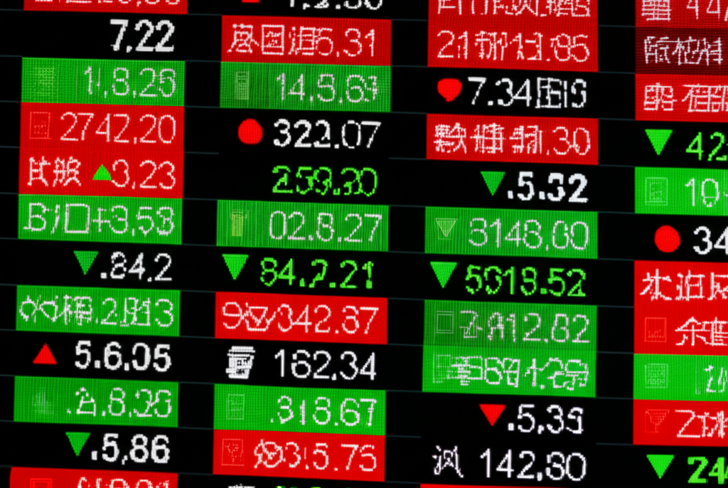 台灣和香港股市介面顯示紅綠黑顏色代表股價變動,帶有10%漲跌限制標誌的股票圖表,插圖風格
