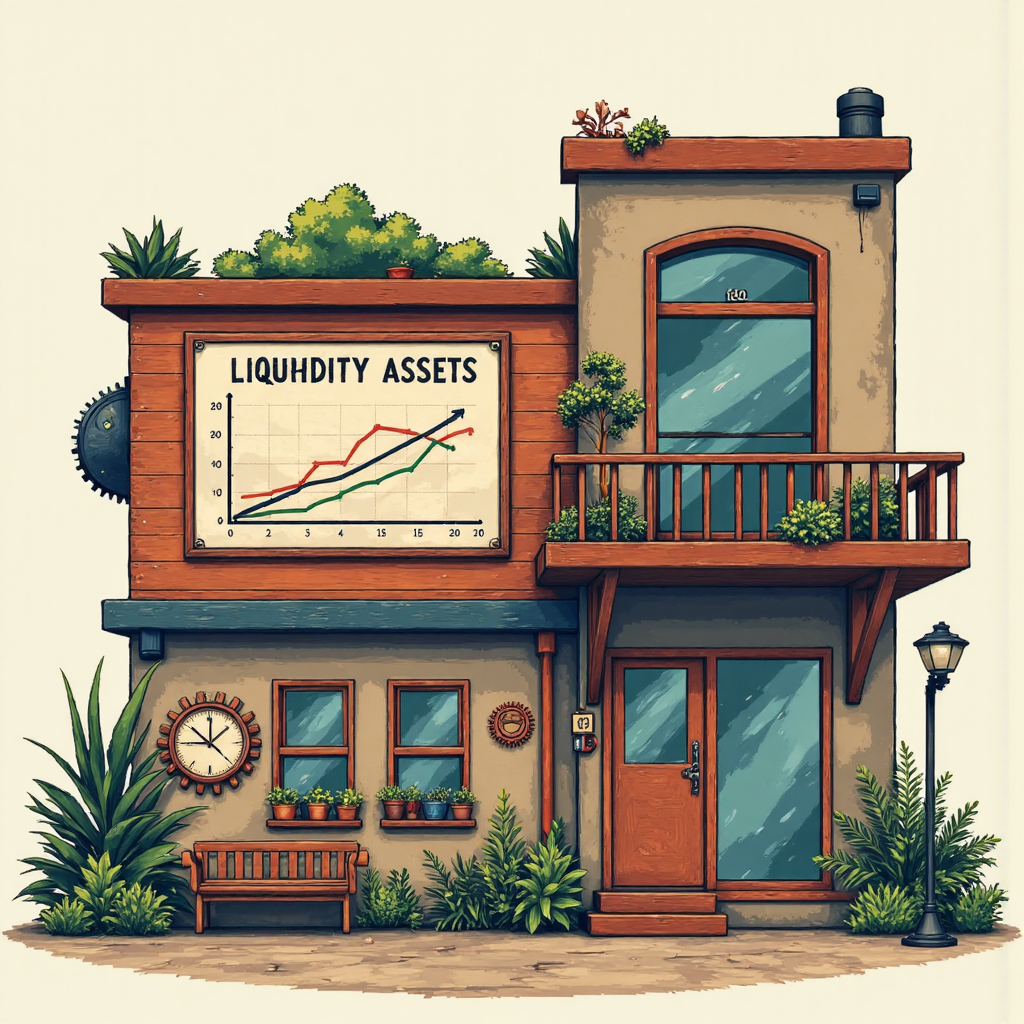 像素藝術風格的企業建築圖,強調流動性資產作為營運生命線的角色