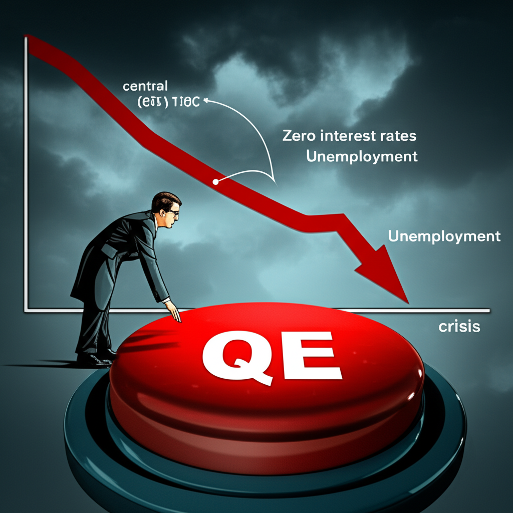 經濟景觀陰鬱，圖表顯示零利率和高失業，中央銀行人物注視標記QE的紅色按鈕，危機情境