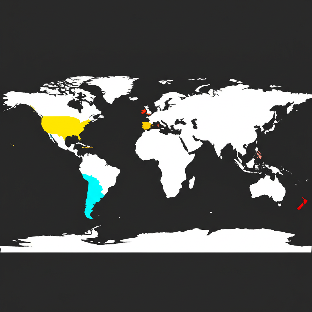 Illustration of a world map showing countries in North Central Caribbean and South America colored to represent Romance language speakers Spanish Portuguese French as official languages