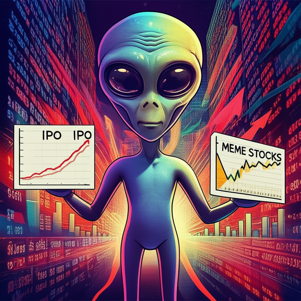 Reddit外星人吉祥物手持兩張股票圖表,一張代表公司IPO,另一張象徵迷因股,背景為全球金融市場的活力數位藝術