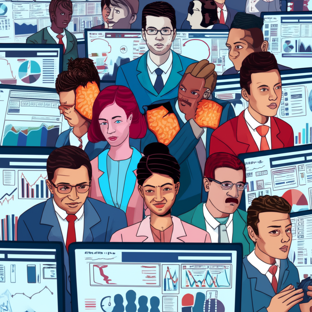 銀行家、企業高管與個人投資人透過數位螢幕進行貨幣交換的參與者插圖