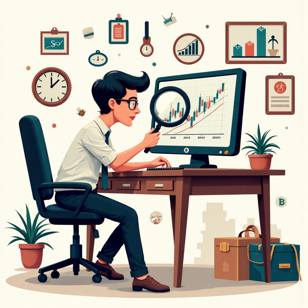 交易員使用放大鏡和工具導航複雜股票圖表的奇幻插圖，數位藝術風格