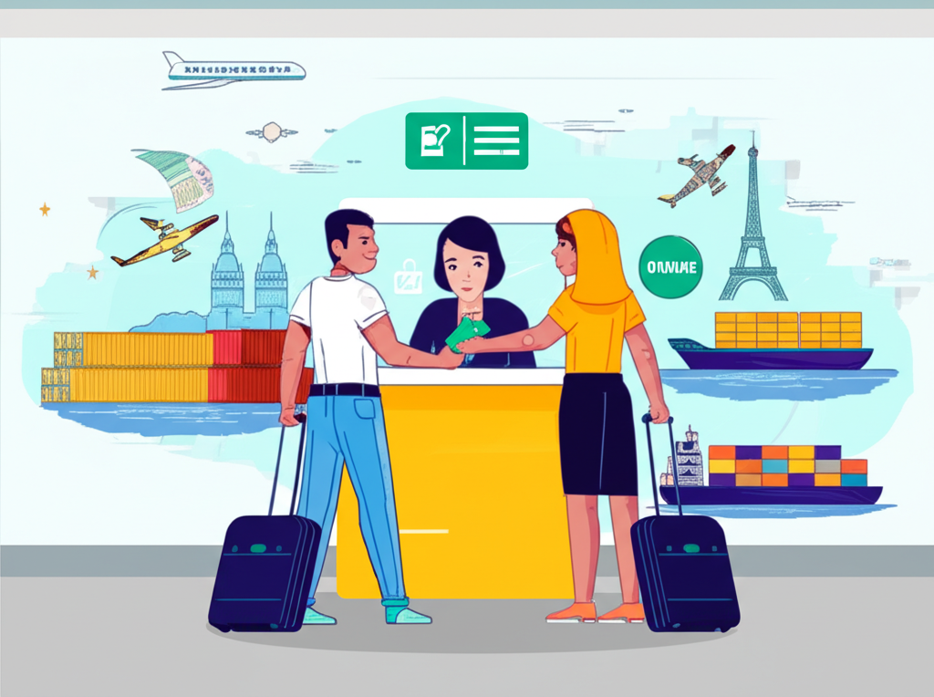 a traveler exchanging money at an airport with international trade elements like cargo ships and global landmarks in the background