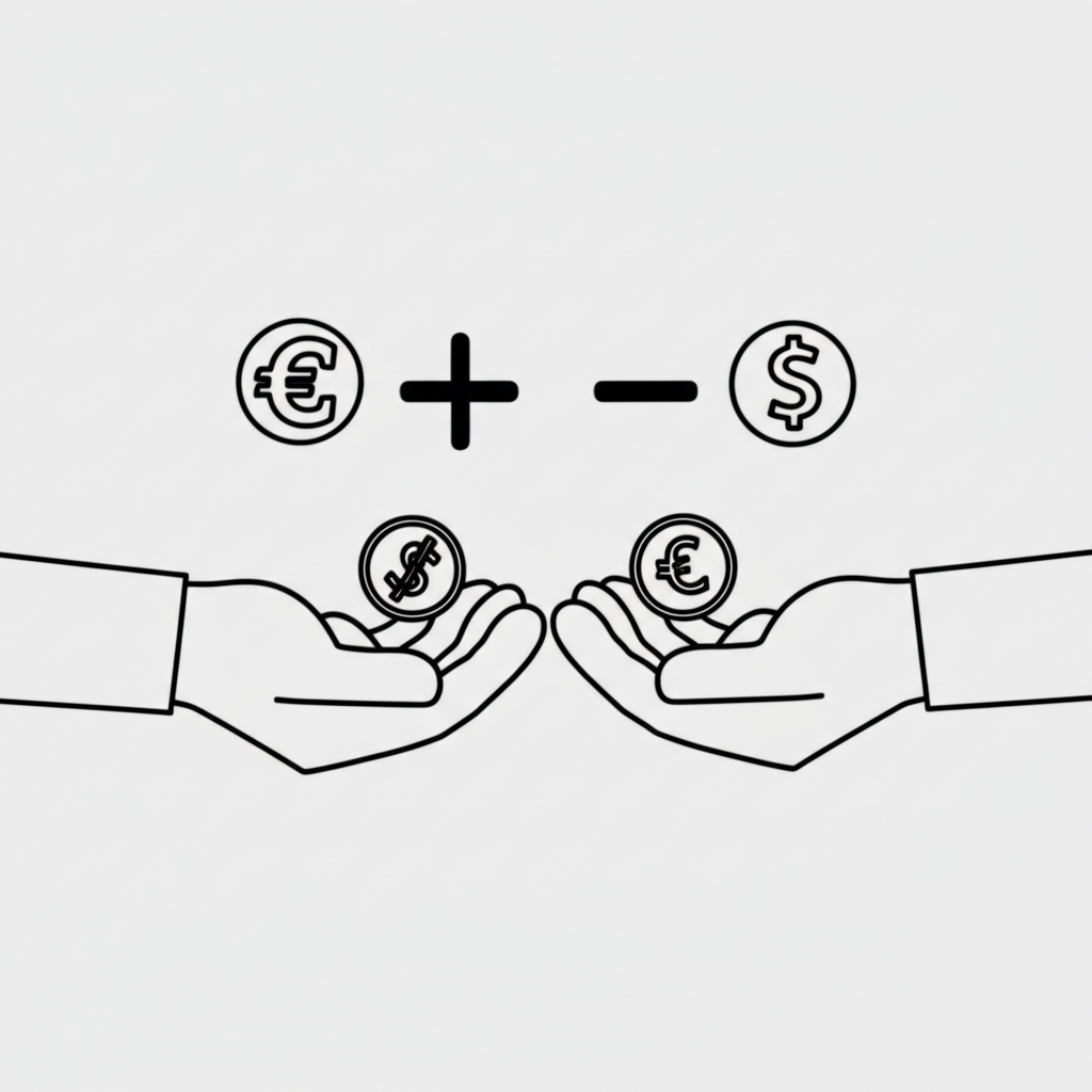 兩隻手交換不同貨幣金幣,上方浮現利率符號,描繪歐元兌美元等貨幣對的借貸與隔夜利息機制