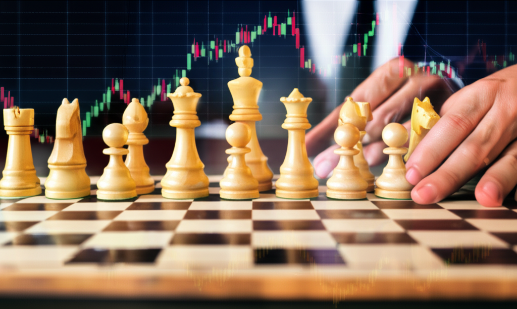 投資者如棋手般規劃股票交易策略的插圖,融合棋盤與財務圖表