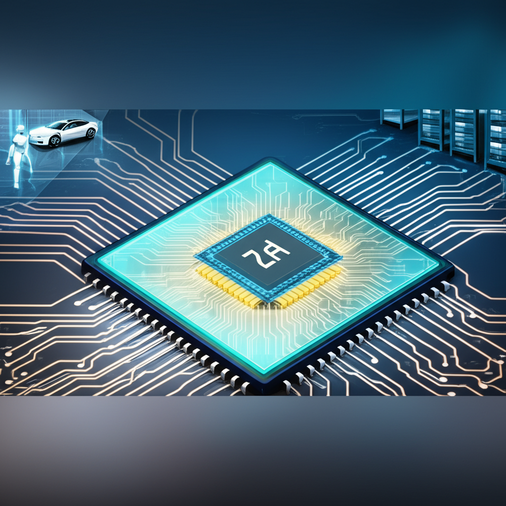 ASIC晶片內部結構的插圖，顯示能量流動的特定資料路徑，對比背景中的通用CPU或GPU，連接自動駕駛車、AI機器人與資料中心伺服器的數位電路藝術