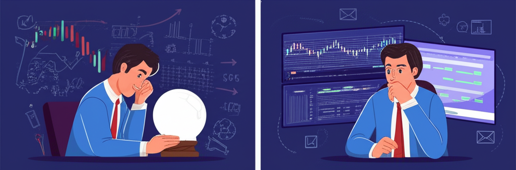 投資者預測市場趨勢的時間序列插圖,從水晶球預視到交易反應與檢討