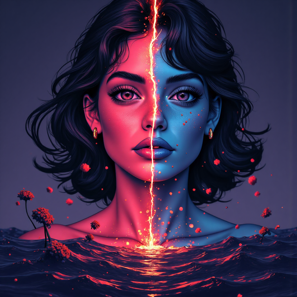 賣空獲利與風險對比插圖,一側顯示利潤機會,另一側強調無限風險的戲劇性燈光