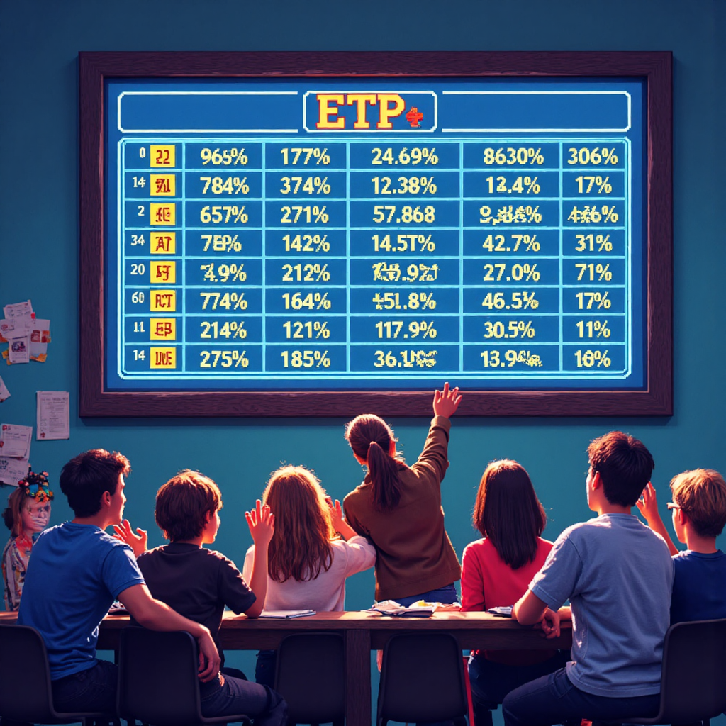 多元人群興奮查看ETF殖利率排行榜像素藝術,象徵明智投資選擇