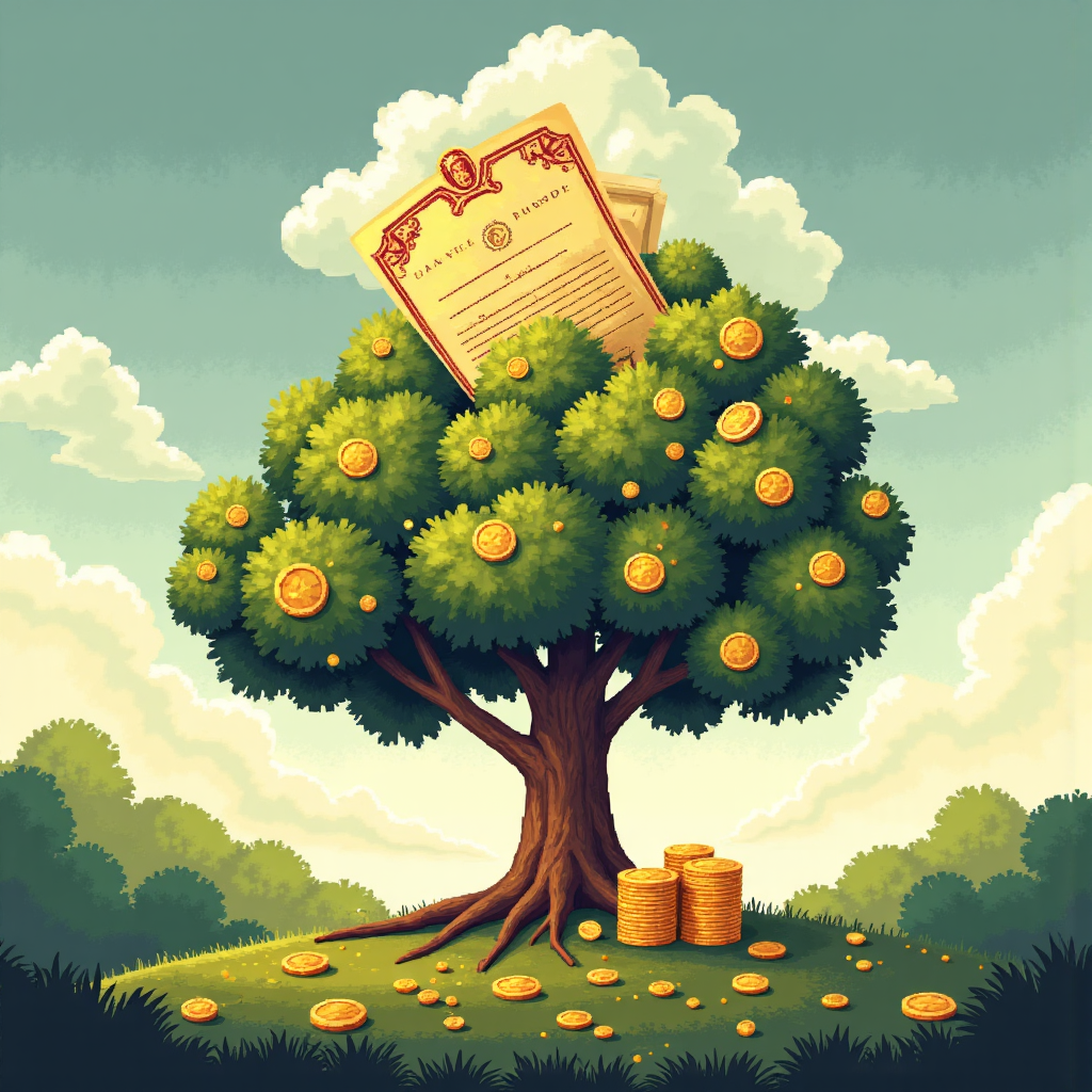 債券證書成長成樹木象徵財務成長的像素藝術插圖