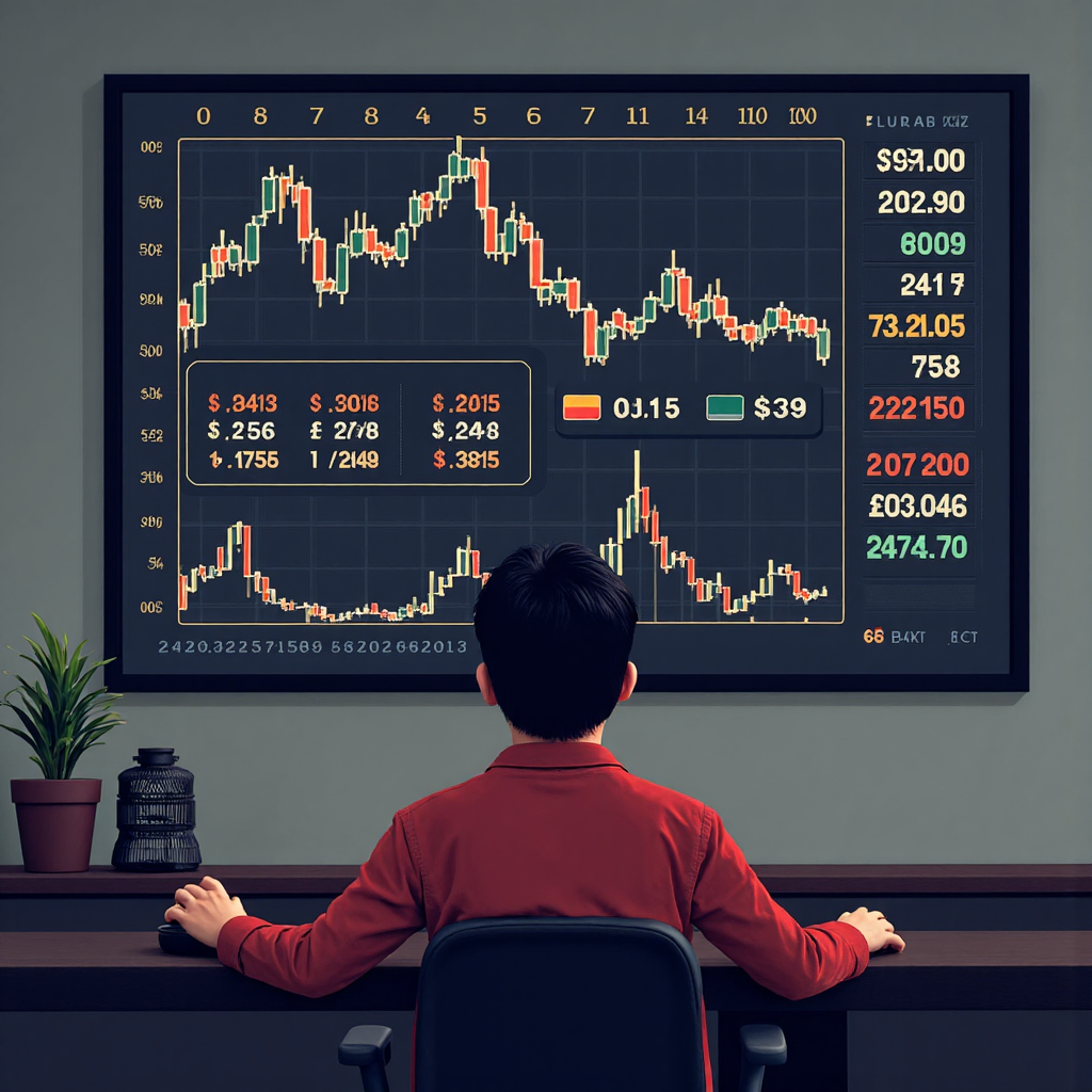 像素藝術風格的原油價格走勢圖表插圖，顯示上升與下降線條及貨幣符號