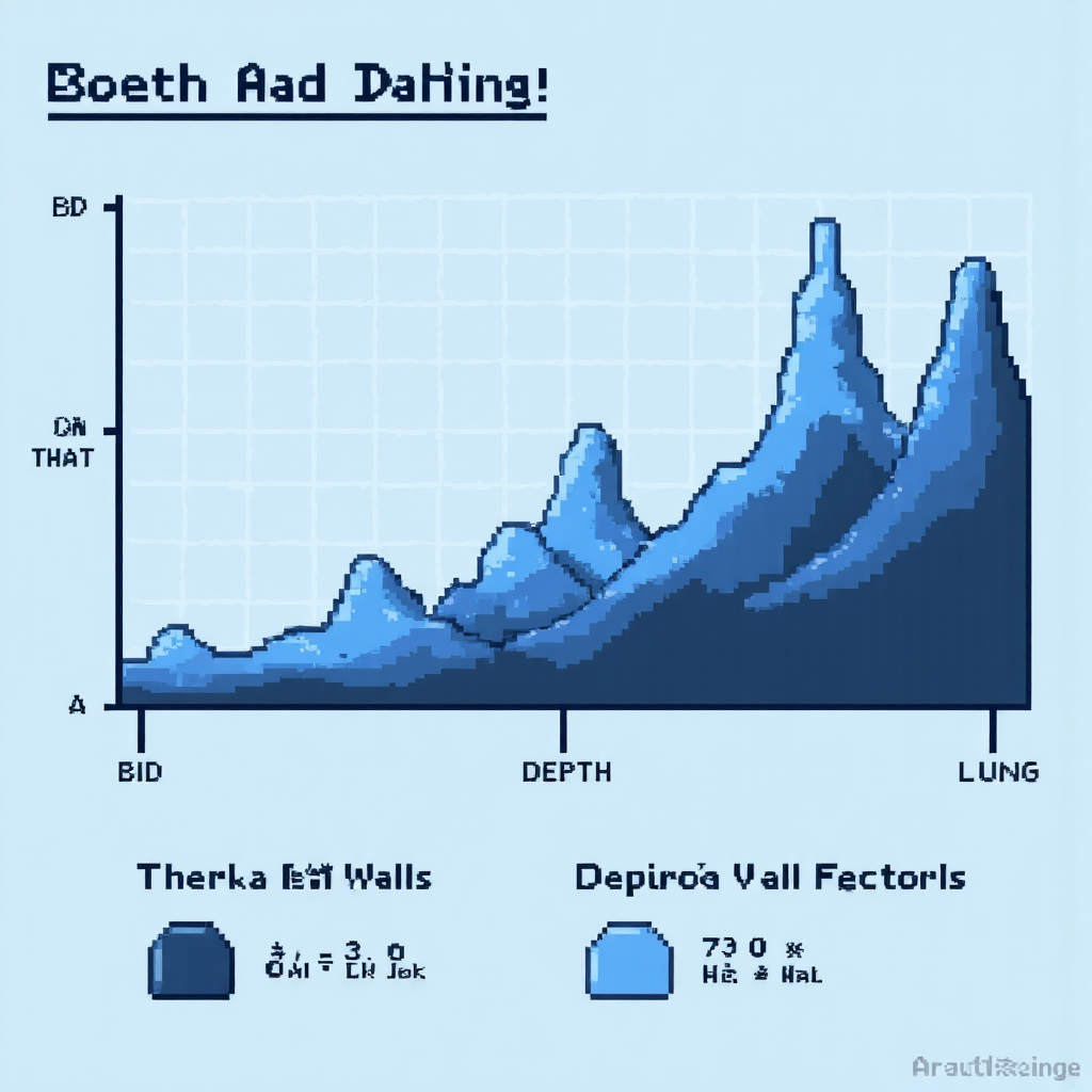 交易深度圖的風格化資訊圖，像山景般呈現買賣牆與淺藍背景網格
