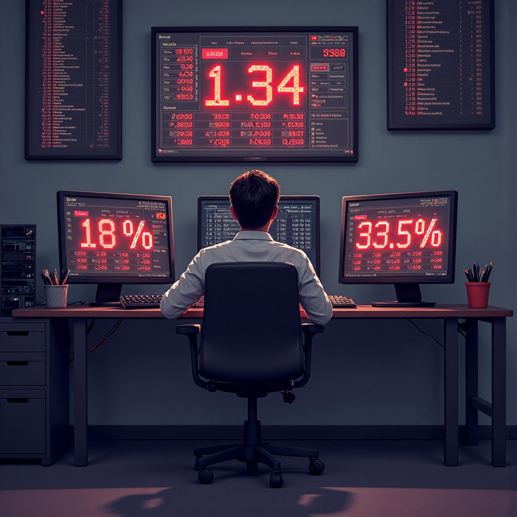 擔憂的投資人坐在桌前，電腦螢幕顯示紅色負數代表清算事件，像素藝術風格的現代數位藝術