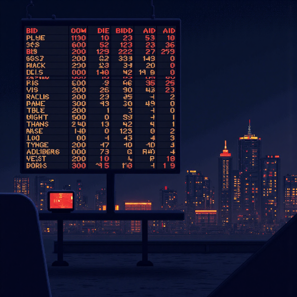 數字訂單簿的像素藝術插圖，呈現發光的買賣單與抽象金融圖表