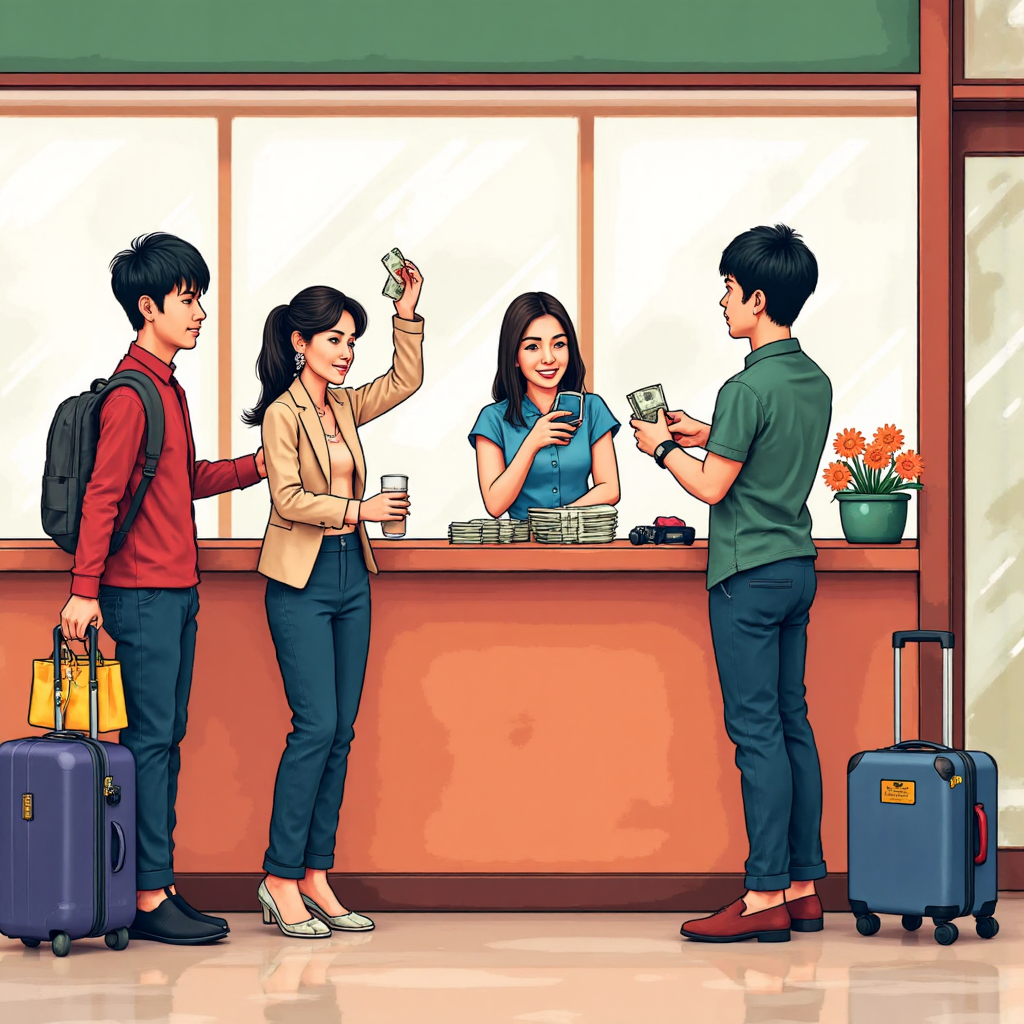 台灣民眾在銀行換匯的像素藝術插圖，展現購物與旅遊的樂觀與聰明理財