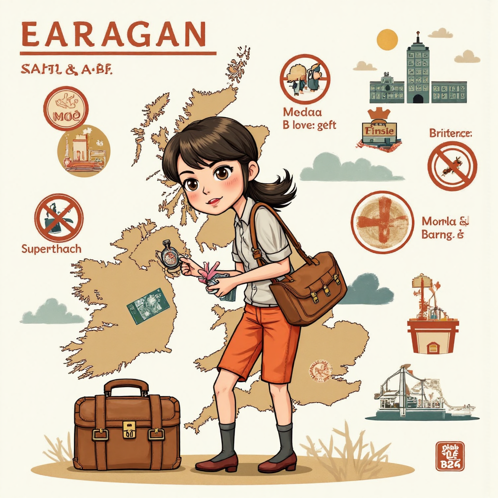 台灣旅客手持指南針與英鎊紙幣在英國地圖上導航，穿越GDP成長與通貨膨脹圖標的藝術水彩風格像素藝術插圖，寧靜且資訊豐富的調性