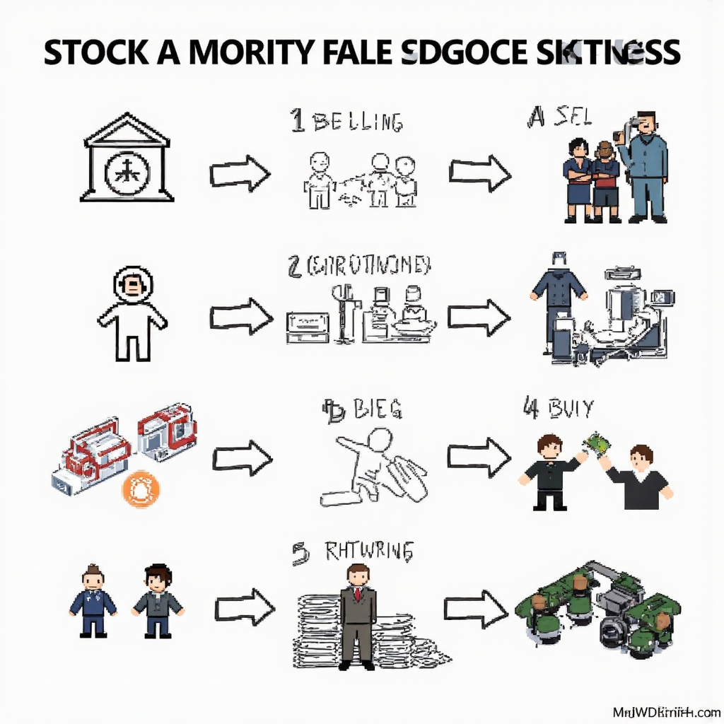 股票賣空步驟插圖,包括借入、賣出、等待、買回與歸還的視覺流程