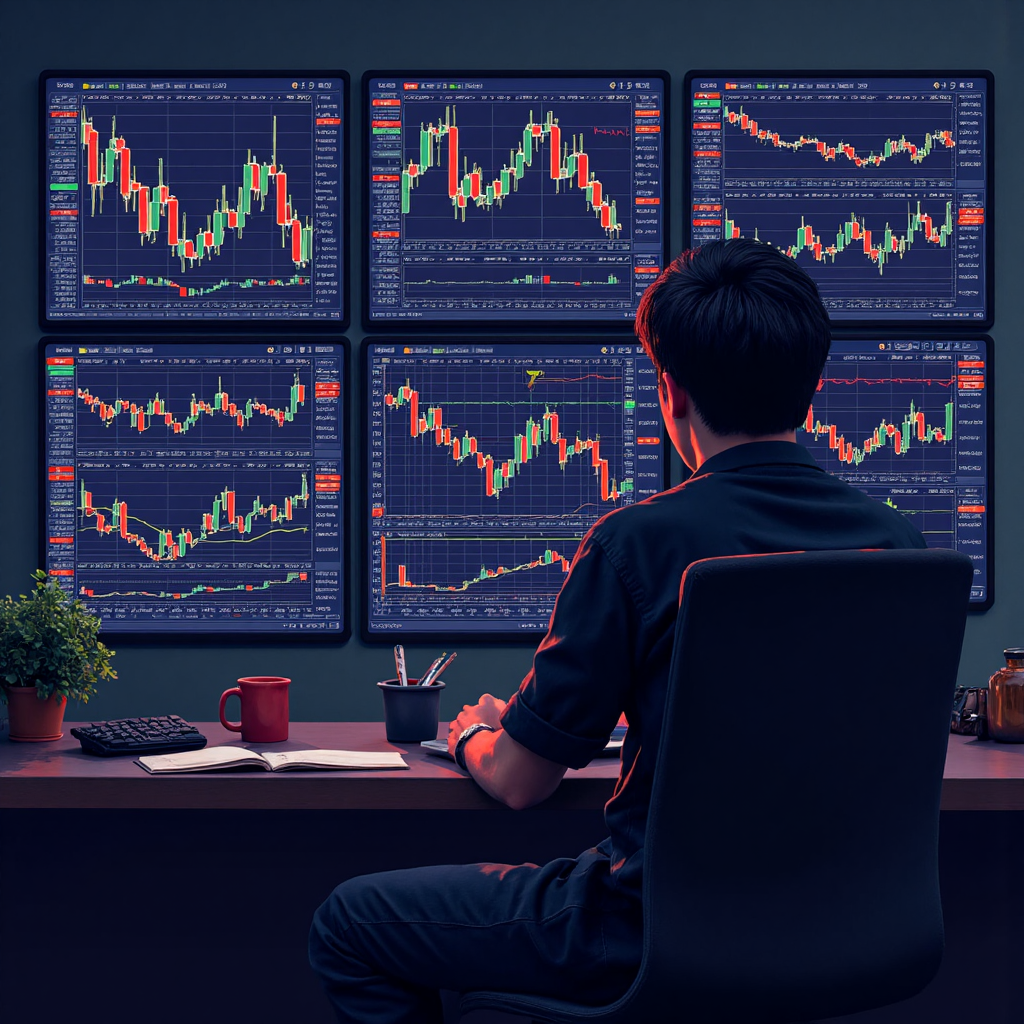 交易員在昏暗房間分析多個股票圖表的像素藝術插圖，強調快速決策與潛在風險