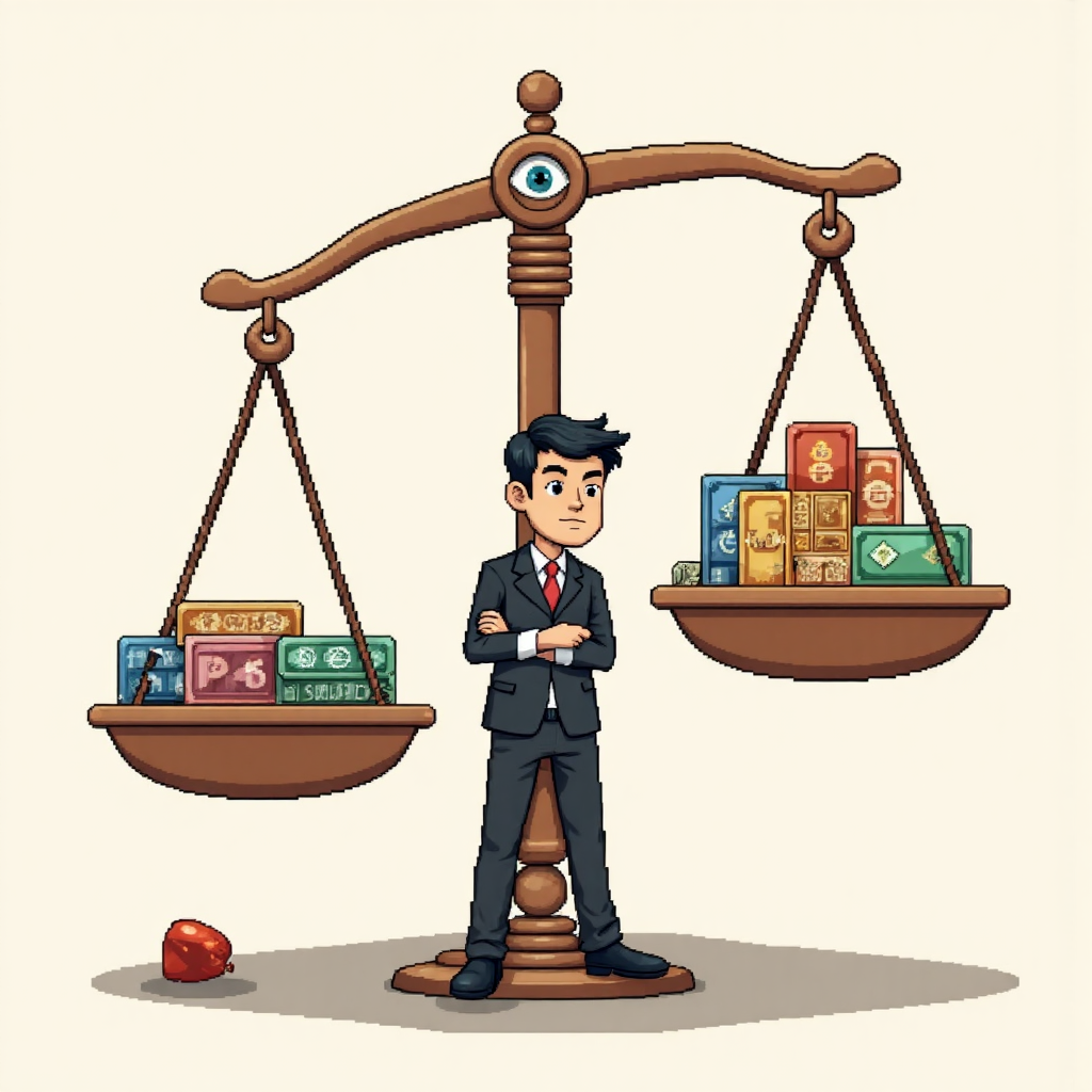 風險與報酬平衡的交易者像素藝術插圖,展示貨幣符號秤盤與保證金呼叫的警惕管理