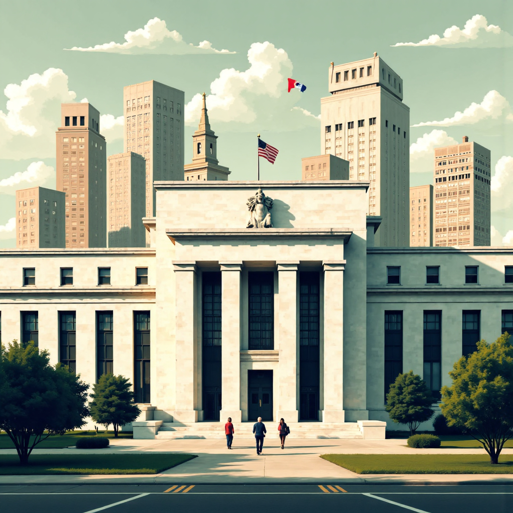 美國聯準會建築與經濟數據圖表的像素藝術插圖，傳達貨幣政策決策的複雜性