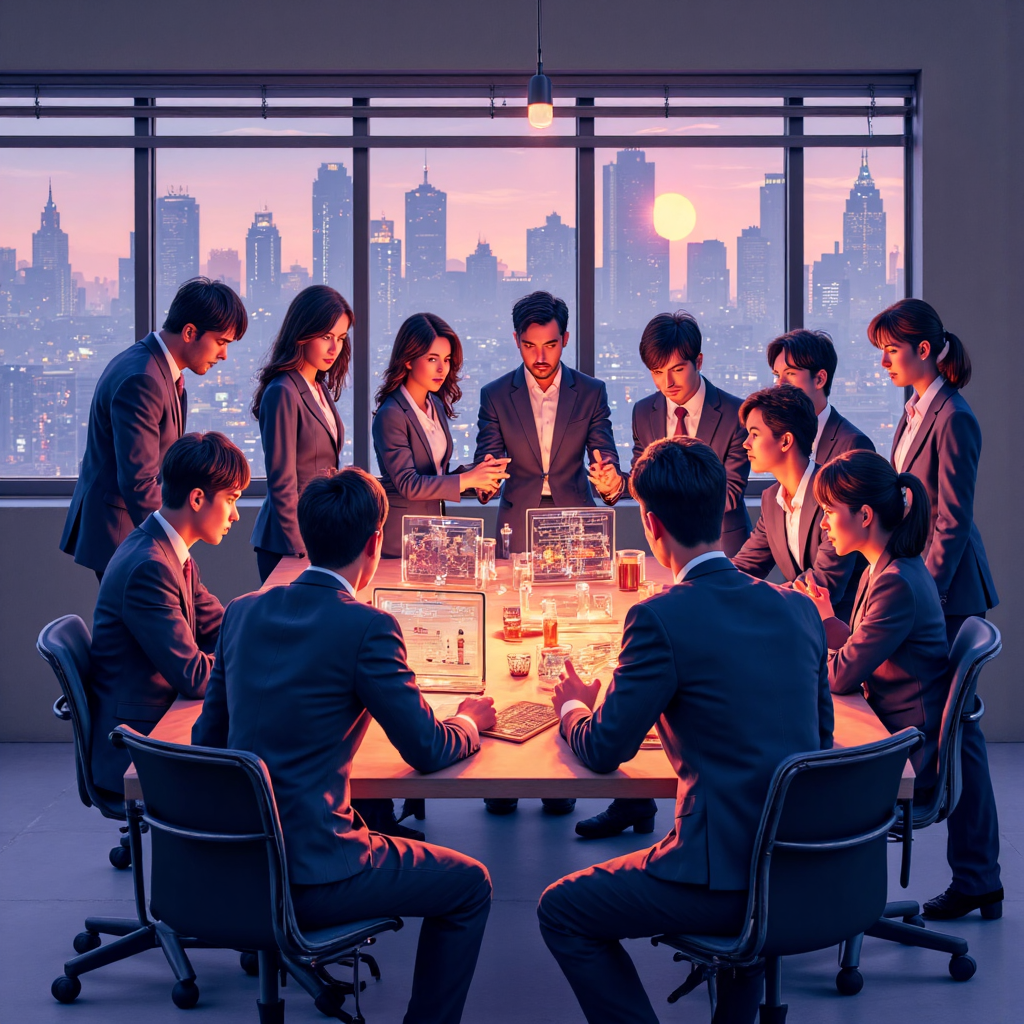 專業人士圍繞桌邊分析發光圖表的像素藝術插圖,背景融入台灣城市景觀與溫暖燈光