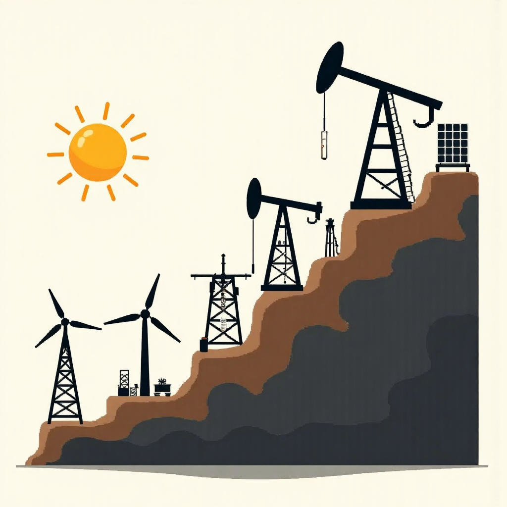 金融成長圖表從傳統石油鑽井轉變為風力渦輪與太陽能板的像素藝術風格插圖